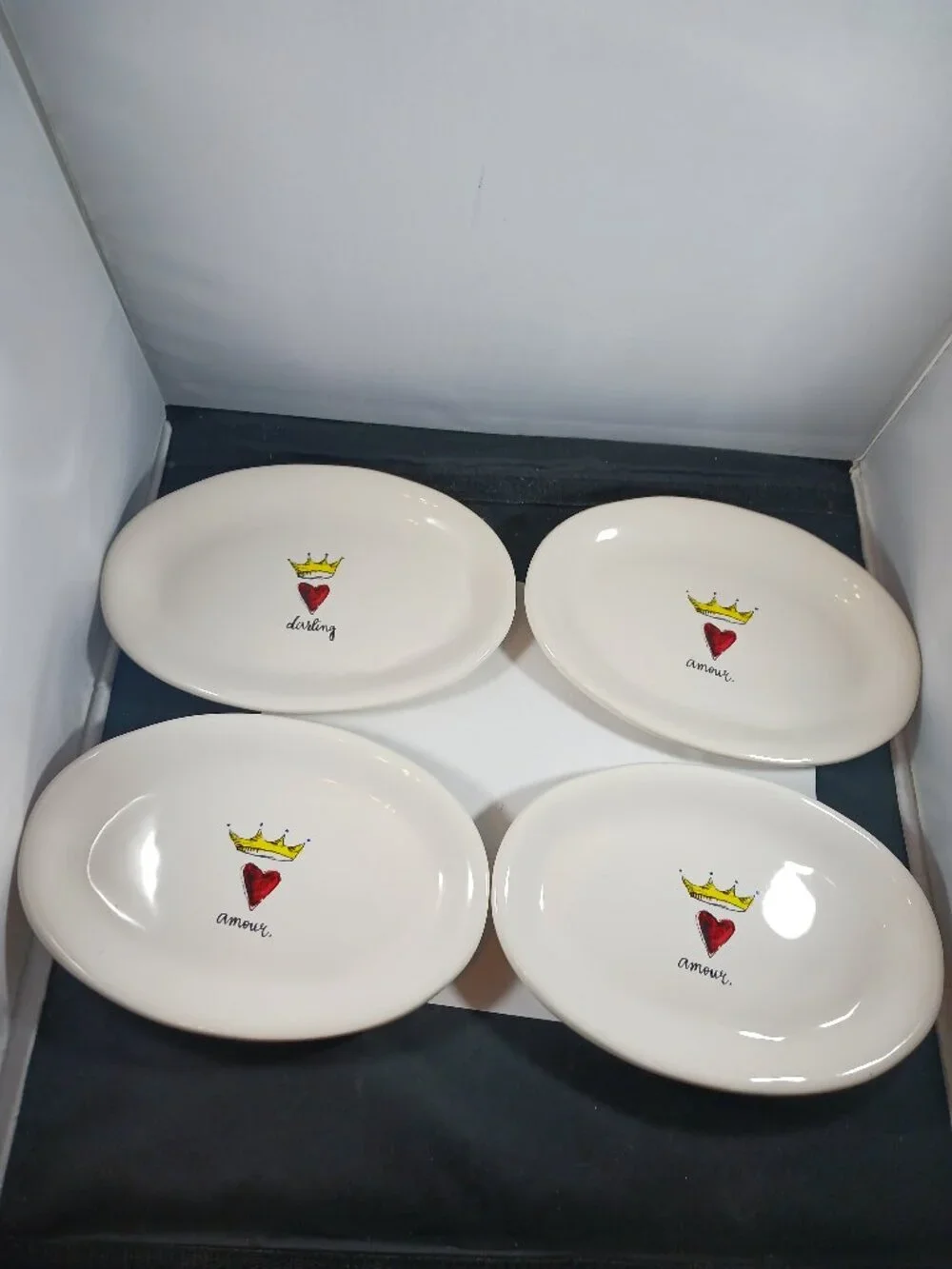 4pcs Rae Dunn AMOUR Script Heart Crown Oval Appetizer Snack Dessert